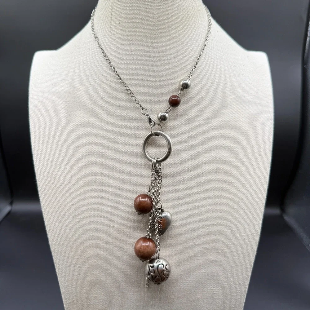 Silver Tone Brown Bead Tassel Necklace Heart Charm Circle Pendant Boho Jewelry